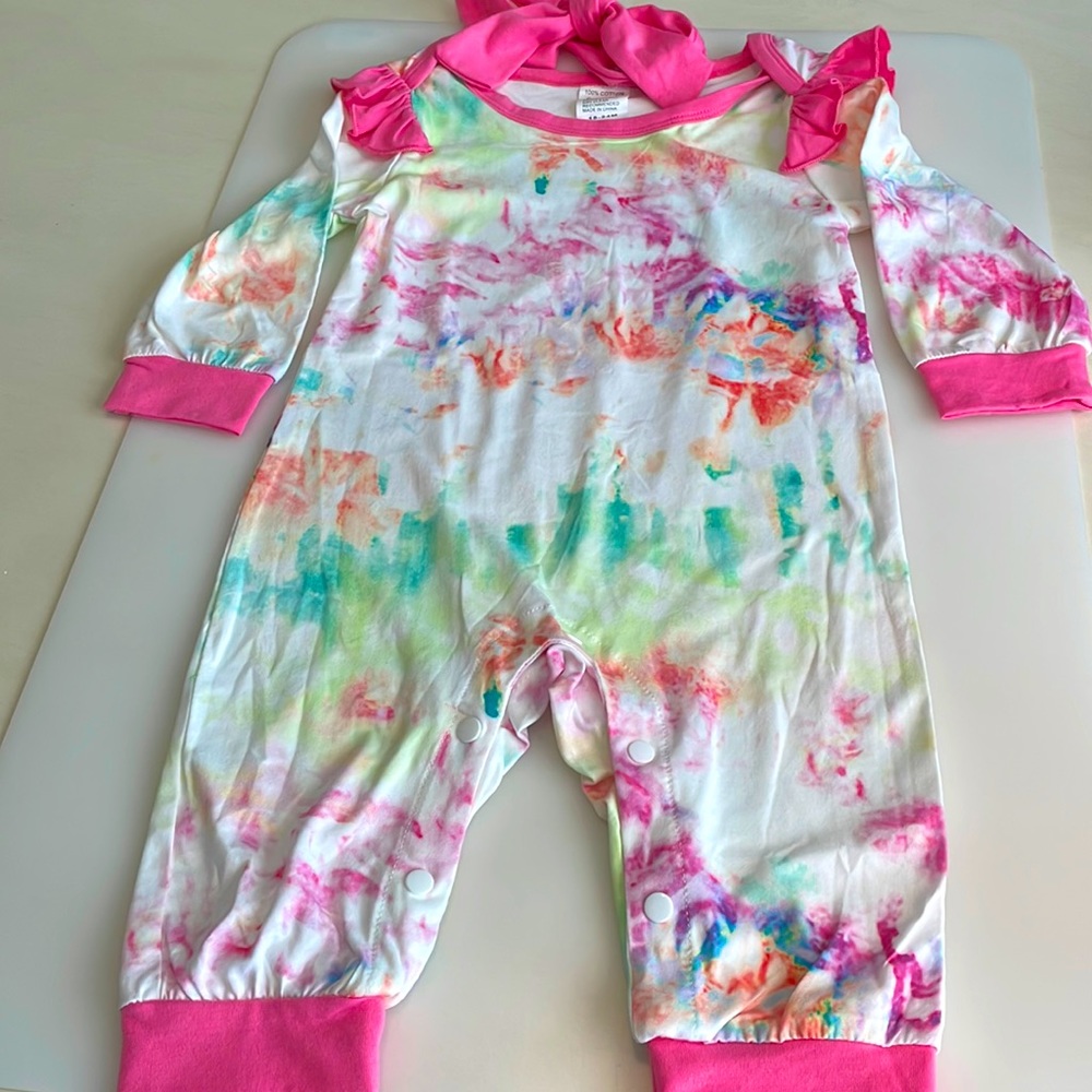 NWOT Pink Long Sleeve Tie Dye One Piece with Headband Size 18-24 months k